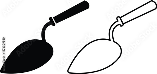 Trowel icons set in black flat and outline designs. Putty knife illustration sign. Spatula symbols or logo. Construction equipment, brick tool and cement silhouette isolated on transparent background.