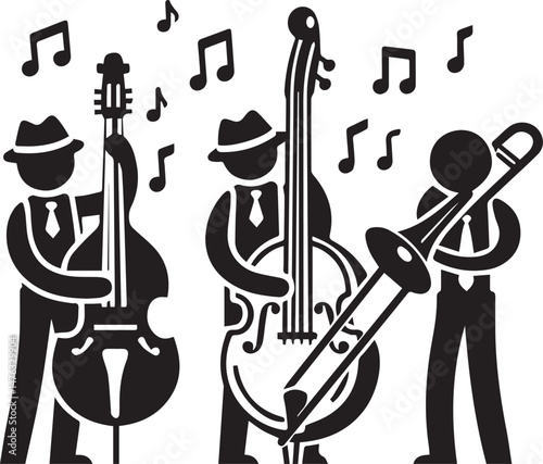 "Black and White Jazz Band Vector Illustration with Musical Instruments"