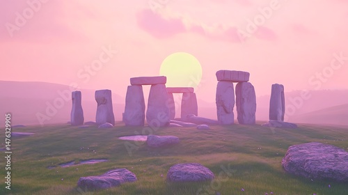 Stonehenge in England with the sun setting behind it The stones stand on green grass and there is an empty space around them where you can see some rocks lying down It's springtime