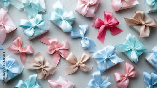 Close-up shot showcases a seamless pattern of pastel-colored ribbon bows in soft blues and pinks, ideal for adding elegance to gift packaging or decorative themes photo
