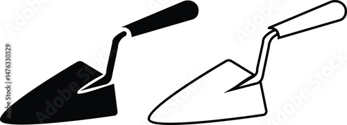 Trowel icons set in black flat and outline designs. Putty knife illustration sign. Spatula symbols or logo. Construction equipment, brick tool and cement silhouette isolated on transparent background.