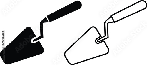 Trowel icons set in black flat and outline designs. Putty knife illustration sign. Spatula symbols or logo. Construction equipment, brick tool and cement silhouette isolated on transparent background.