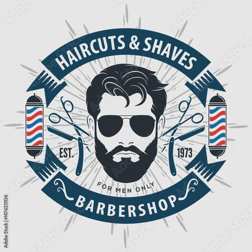 	
Barbershop logo, poster or banner design concept with barber pole and bearded men. Vector illustration