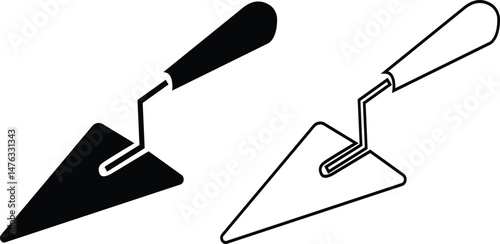 Trowel icons set in black flat and outline designs. Putty knife illustration sign. Spatula symbols or logo. Construction equipment, brick tool and cement silhouette isolated on transparent background.