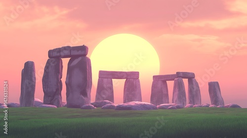 Stonehenge in England with the sun setting behind it The stones stand on green grass and there is an empty space around them where you can see some rocks lying down It's springtime