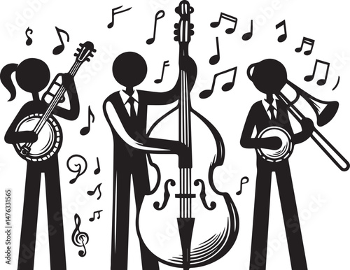 "Black and White Jazz Band Vector Illustration with Musical Instruments"