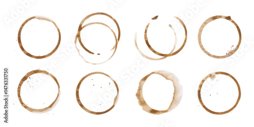 Coffee or tea stain drink cup rings vector illustration set isolated on white background. Coffee stain marks ring cup spot trace. Brown round splashes of drink collection.