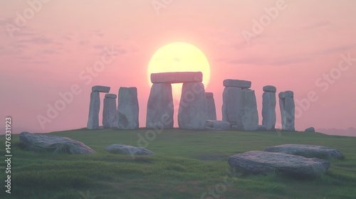 Stonehenge in England with the sun setting behind it The stones stand on green grass and there is an empty space around them where you can see some rocks lying down It's springtime