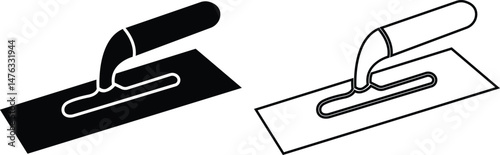 Trowel icons set in black flat and outline designs. Putty knife illustration sign. Spatula symbols or logo. Construction equipment, brick tool and cement silhouette isolated on transparent background.