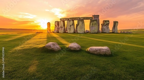 Stonehenge in England standing on the green grass at sunset with the sun setting behind it surrounded by large stone pillars that form an ancient structure The sky is painted with hues of pink