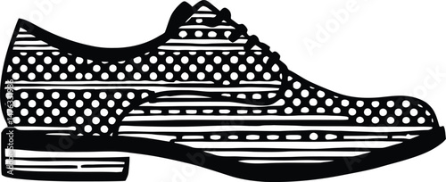 Stylized Polka-Dot Dress Shoe Illustration Featuring a Formal Lace-Up Shoe with a Unique Design Combining Polka Dots on the Upper Section and Horizontal Stripes on the Sole, Representing a Fashionable