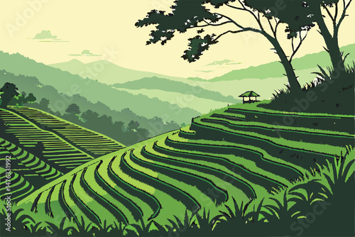 41 lush green terraced rice fields, dramatic moody lighting, striking contrast between light and shadow, dramatic cinematic landscape, vibrant colors, intricate patterns, rolling hills, moody atmosphe