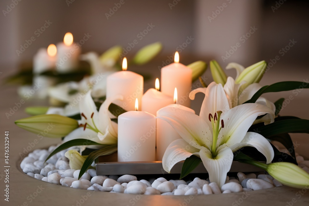 Beautiful arrangement of white lilies and glowing candles for a tranquil ambiance. Beautiful arrangement of white lilies and glowing candles for a tranquil ambiance.