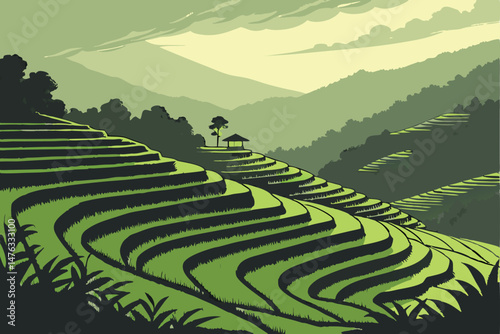 41 lush green terraced rice fields, dramatic moody lighting, striking contrast between light and shadow, dramatic cinematic landscape, vibrant colors, intricate patterns, rolling hills, moody atmosphe