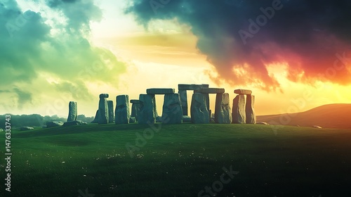 Stonehenge in England taken at sunrise The image depicts a green grassy field with an ancient stone circle creating a beautiful landscape This historic site features the iconic Stone Age stones