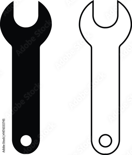 Wrench icons set. Repair flat, outline vectors. Construction hardware industrial silhouette. Mechanic spanner collection. Professional maintain tools for ui designs isolated on transparent background.