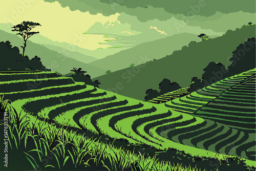 41 lush green terraced rice fields, dramatic moody lighting, striking contrast between light and shadow, dramatic cinematic landscape, vibrant colors, intricate patterns, rolling hills, moody atmosphe