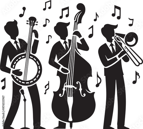 "Black and White Jazz Band Vector Illustration with Musical Instruments"