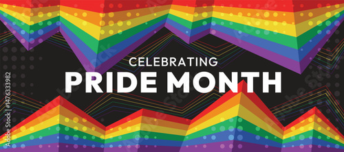 Celebrating pride month text on  abstract pride rainbow flag wave and line zigzag frame with dot texture on dark background vector design