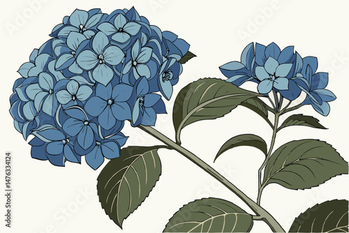 42 blue hydrangea flowers, vibrant blue blossoms, lush green leaves, textured petals, close-up botanical still life, detailed natural floral pattern, rich color palette, striking visual composition, e