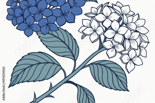 42 blue hydrangea flowers, vibrant blue blossoms, lush green leaves, textured petals, close-up botanical still life, detailed natural floral pattern, rich color palette, striking visual composition, e