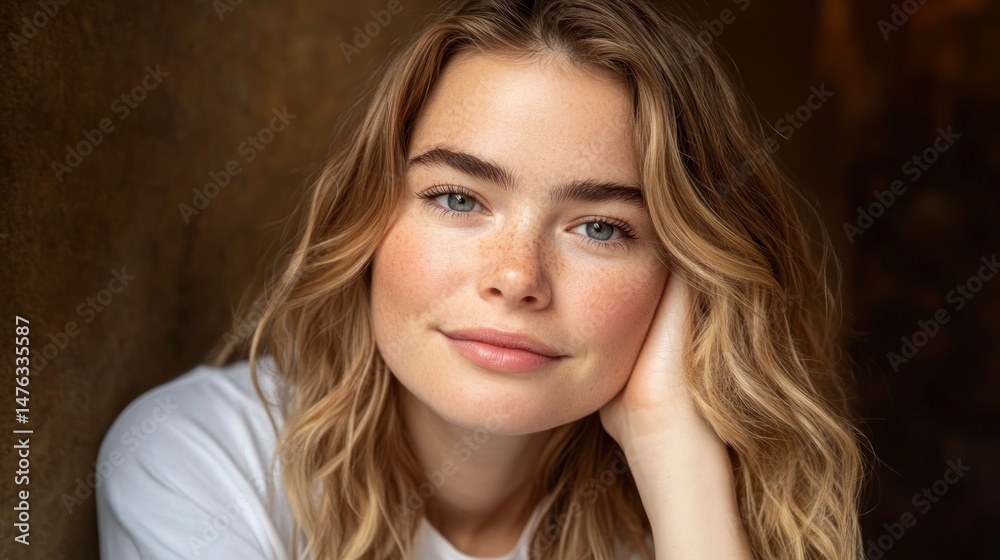 Naklejka premium Woman portrait, relaxed pose, warm interior