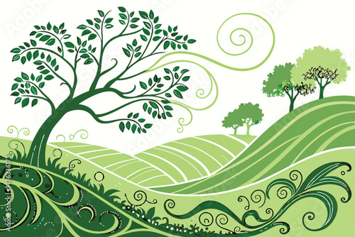 43 lush green hills, undulating landscape, swirling organic forms, intricate patterns, flowing textures, vibrant foliage, dynamic topography, verdant scenery, natural abstract composition, detailed en