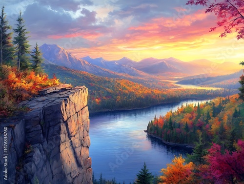 Sunset over the Adirondack Mountains with colorful foliage and lakings in autumn The scene includes rugged cliffs overlooking a lake with mountains visible on the horizon Warm hues