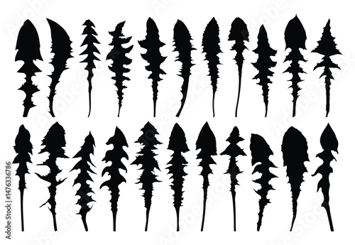 Set of silhouettes leaves a field dandelion.