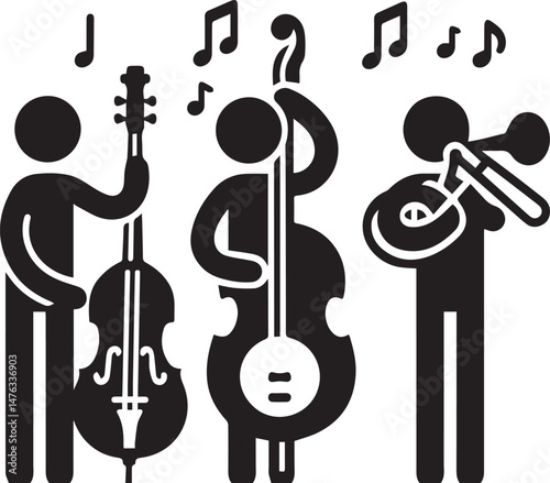 "Black and White Jazz Band Vector Illustration with Musical Instruments"