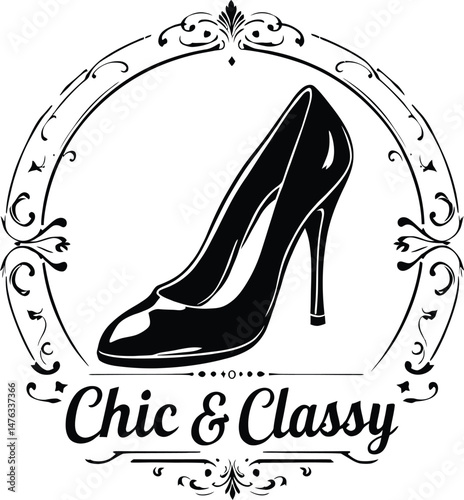 Chic & Classy Fashion Logo Featuring a Stylish High-Heeled Shoe Encircled by an Ornate Floral Frame, Symbolizing Elegance, Sophistication, and Timeless Fashion Trends