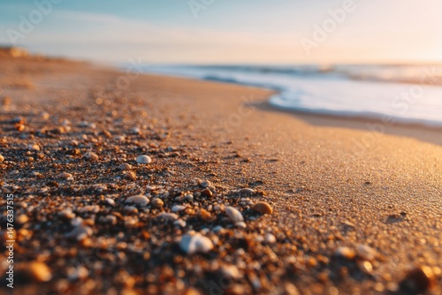 Closeup sand detail on serene beach. Expansive coastal landscape under golden sunset. Tranquil seaside horizon with peaceful summer vibes, perfect for vacation getaway inspiration photo
