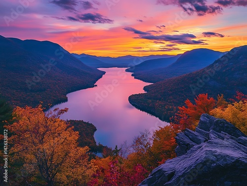 Sunset over the Adirondack Mountains overlooking Lake George in New York with autumn foliage and a river flowing through it The photograph captures the breathtaking landscape