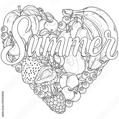 Heart made of fruit and the inscription Summer.Coloring book antistress for children and adults.