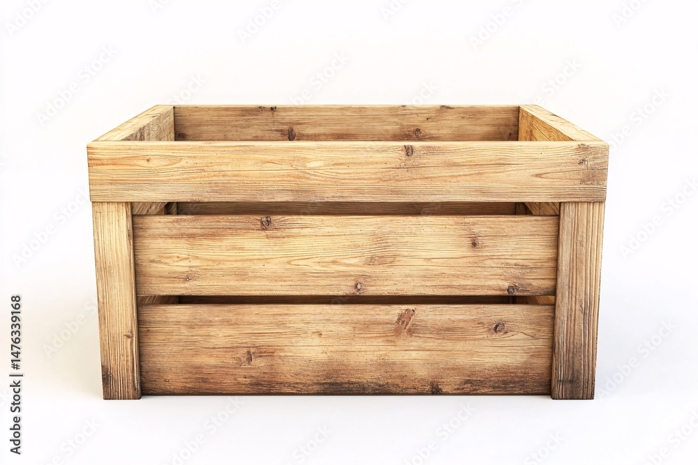 A brown, old wooden crate, isolated on white, is an empty storage container A brown, old wooden crate, isolated on white, is an empty storage container