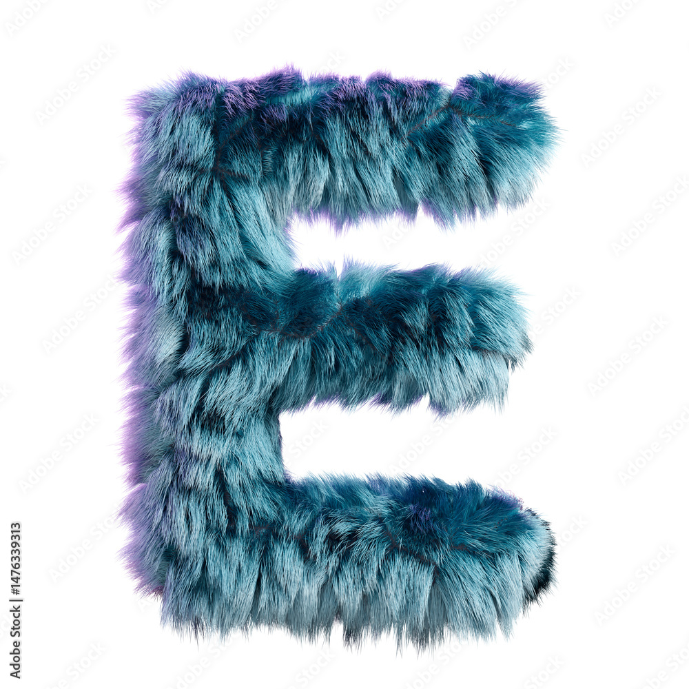 Furry Blue Letter E Isolated on White Background in Creative 3D Design Style Furry Blue Letter E Isolated on White Background in Creative 3D Design Style