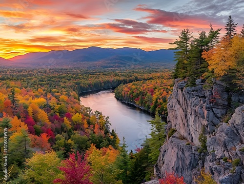 Sunset over the Adirondack Mountains overlooking North River in New York's outdoor wilderness area with colorful fall foliage The scene includes rugged cliffs and a winding river that meanders