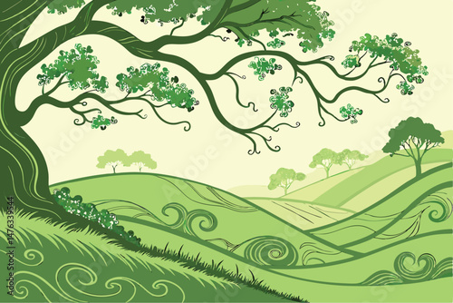 43 lush green hills, undulating landscape, swirling organic forms, intricate patterns, flowing textures, vibrant foliage, dynamic topography, verdant scenery, natural abstract composition, detailed en