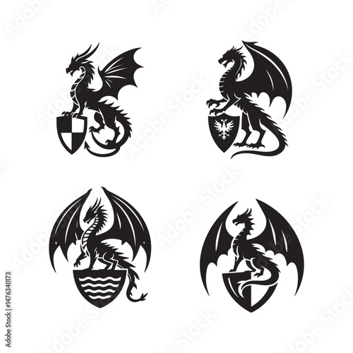european dragons on shields emblem icon set