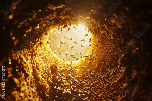 Buzzing action of bees in honeycomb natural environment close-up perspective nature's wonder