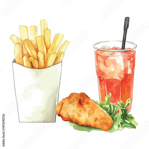 Fish and Chips cute watercolors illustration isolated on white background
