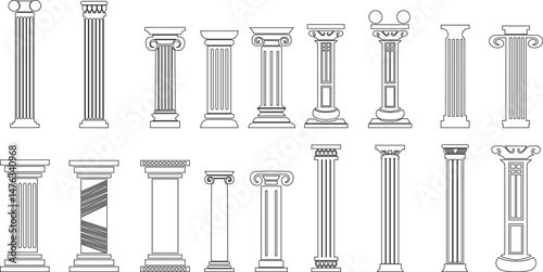 icon set of classical building with columns representing ancient architecture, linear style icon. historic designs. Editable stroke width symbols elements infographics for web transparent background