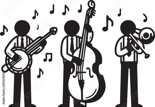 "Black and White Jazz Band Vector Illustration with Musical Instruments"