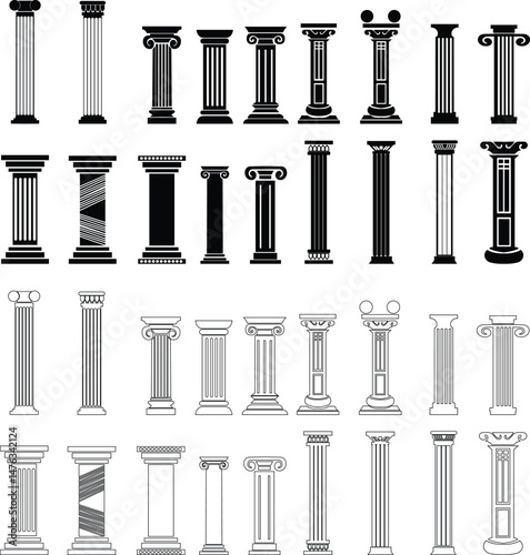 icon set of classical building with columns representing ancient architecture, linear style icon. historic designs. Editable stroke width symbols elements infographics for web transparent background