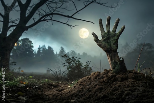 Spooky Halloween scene – zombie hand rising from soil