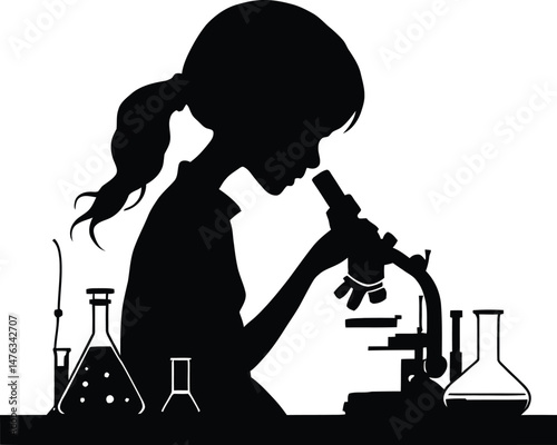 Laboratory Research Silhouette Featuring a Focused Scientist with a Ponytail Seated at a Bench, Using a Microscope, Surrounded by Various Glassware Including a Beaker, Conical Flask, Test Tube