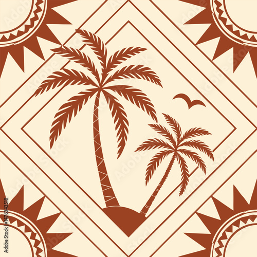  palm trees, geometric framing, minimalist, decorative pattern, warm color palette, seamless repeat, 