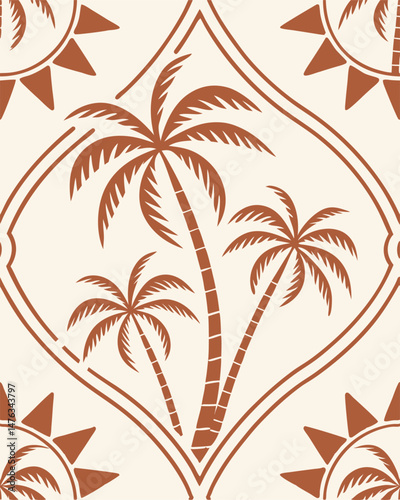  palm trees, geometric framing, minimalist, decorative pattern, warm color palette, seamless repeat, abstract tropical landscape