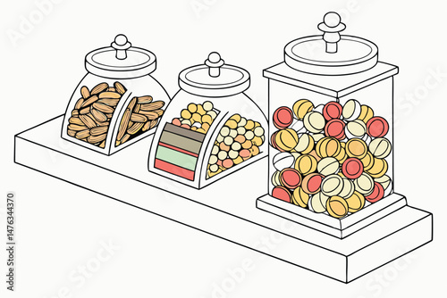 46 colorful assortment of various candies and snacks in glass jars, rows of mixed candy, nuts and other treats, vibrant colors and textures, classic confectionery display, tempting sweets in a modern,