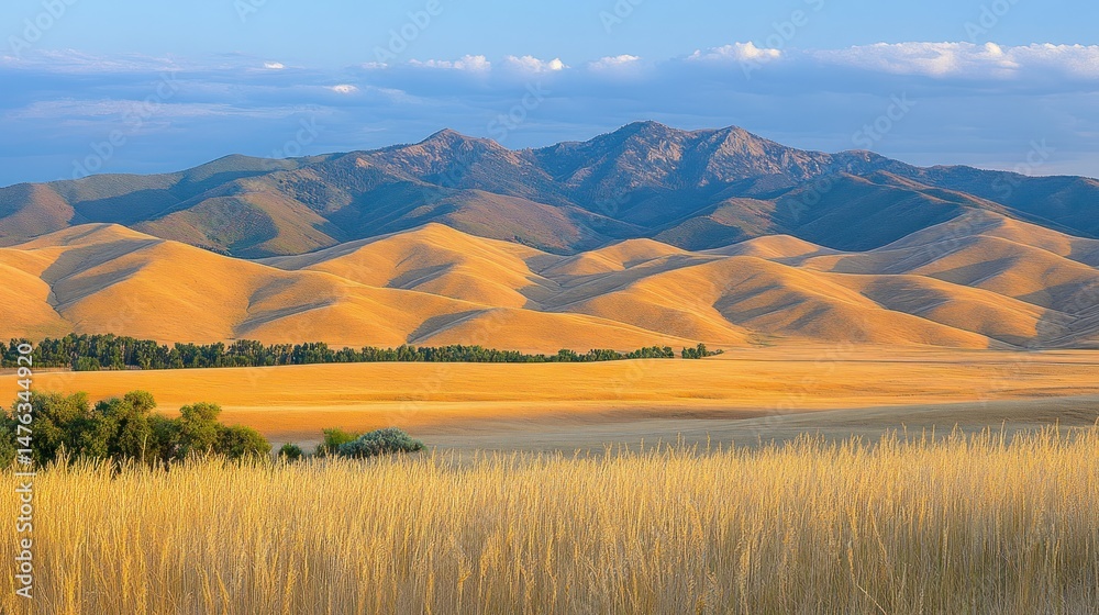 Obraz premium Golden landscape with rolling hills and mountains